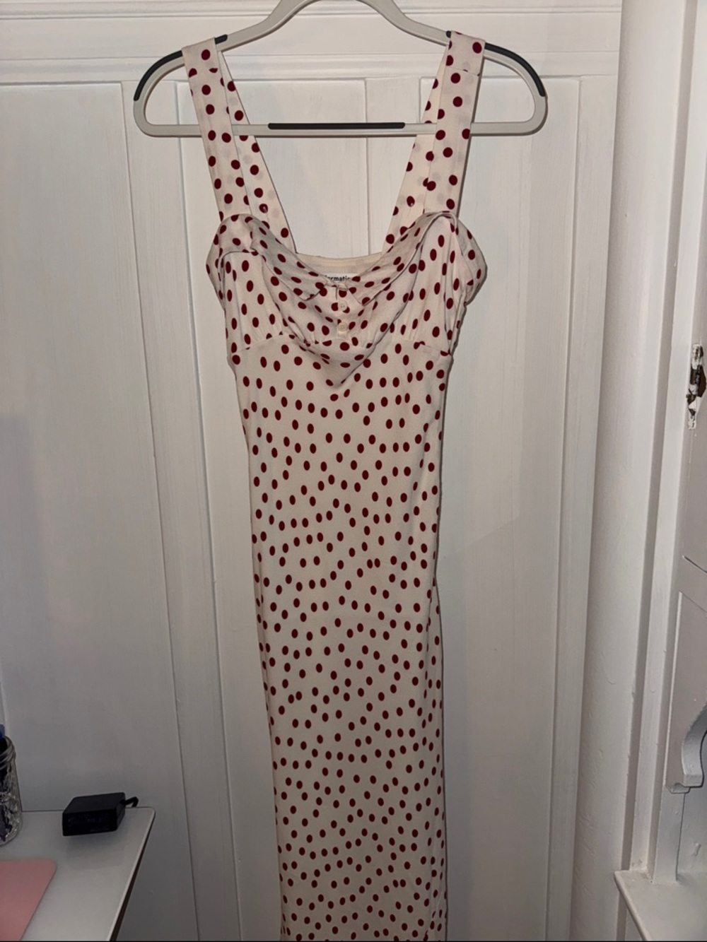Reformation White Maxi Dress with Red Polka Dots